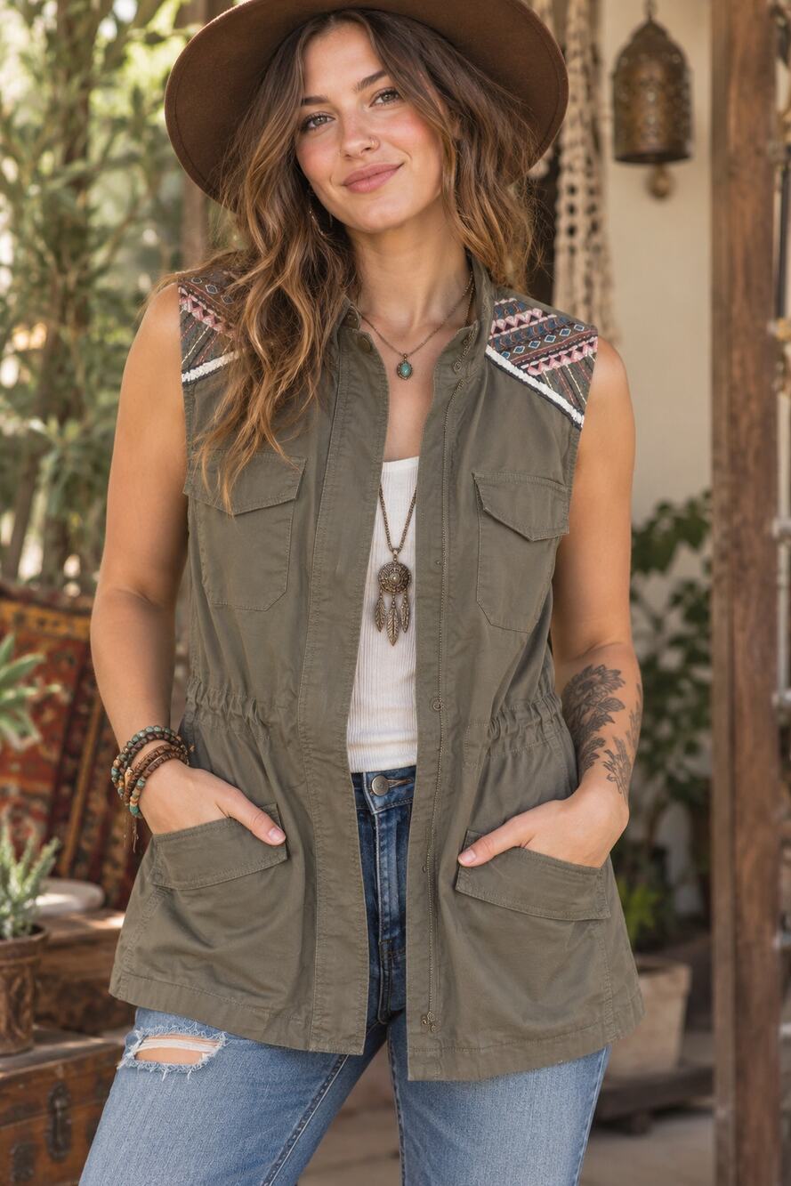 Flying Tomato Olive Embroidered Boho Utility Vest Size Small Festival Western
